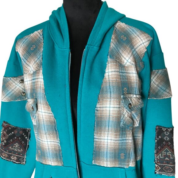 Upcycled Patchwork Jacket, Size L: Teal Tribal Zip-Up Hoodie, Southwest Aztec - Picture 8 of 16